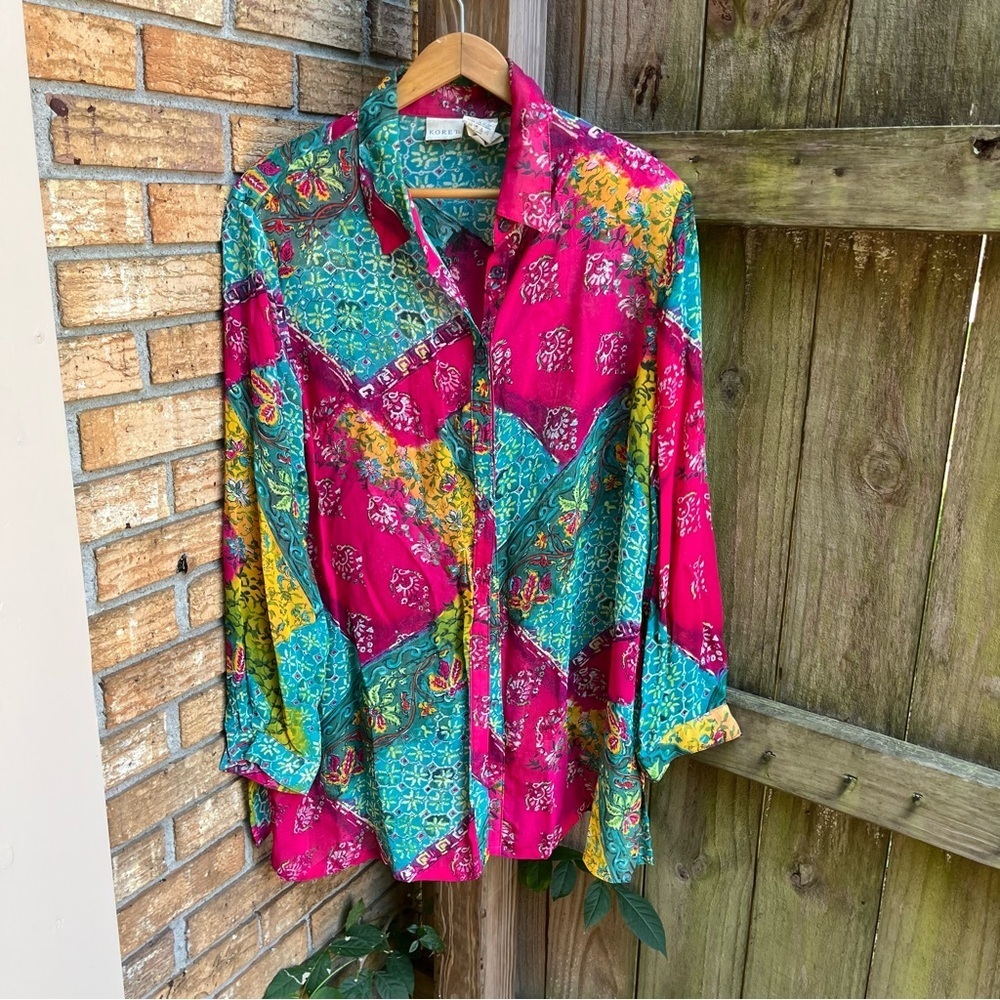 Koret Pink Teal Yellow Patchwork Button-Up Blouse